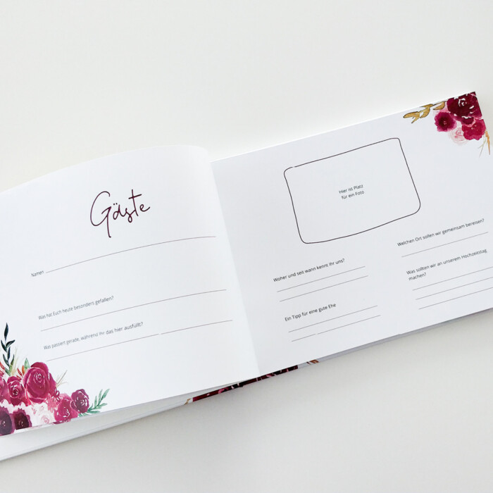Gästebuch A4 mit Fragen, floral, Rosen, berry