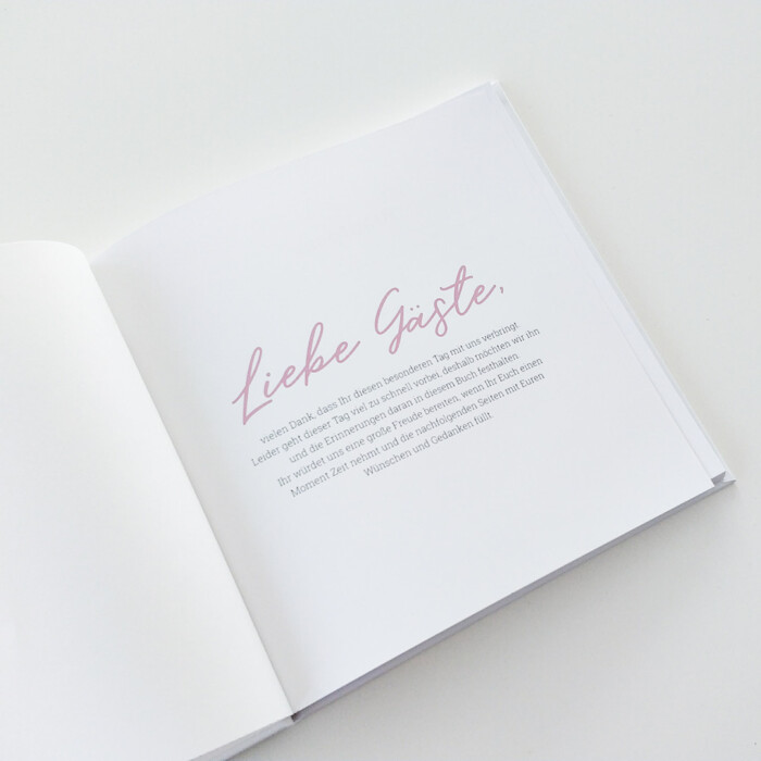 Gästebuch mit Fragen, quadratisch, schlicht, edel, rosa