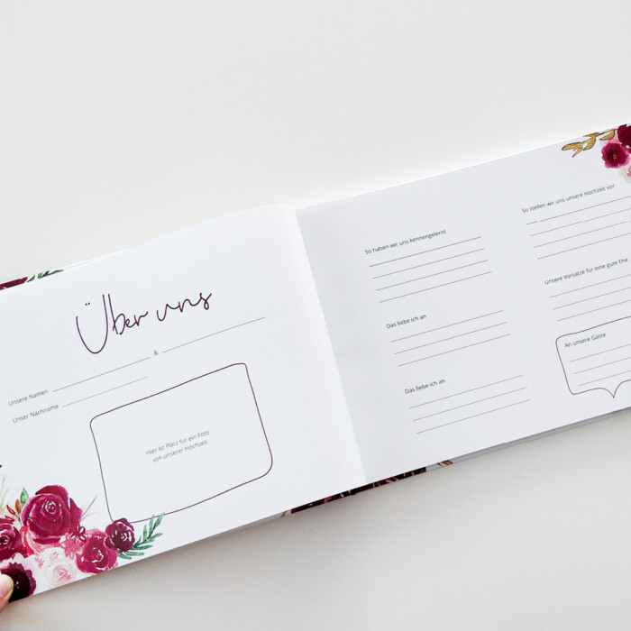 Gästebuch A4 mit Fragen, floral, Rosen, berry